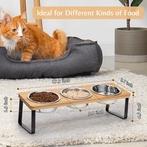 Miniatura 5 de Tazones elevados para alimentos y agua para gatos – Comedero elevado de acero inoxidable con 3 cuencos inclinados de 15°, con soporte de bambú