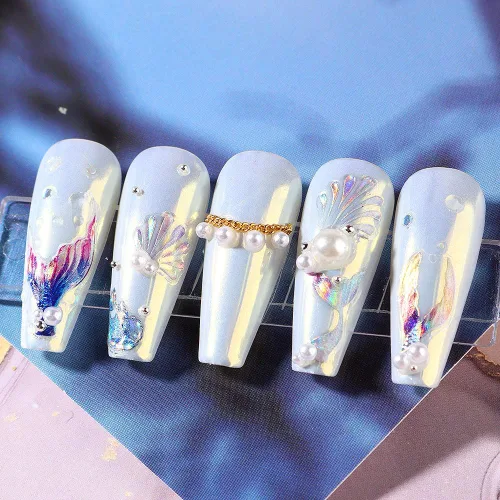 Miniatura 9 de Calcomanías de uñas de cola de sirena de ensueño 5D, calcomanías de uñas de verano 5D en relieve láser de sirena, calcomanías de arte de uñas de ola