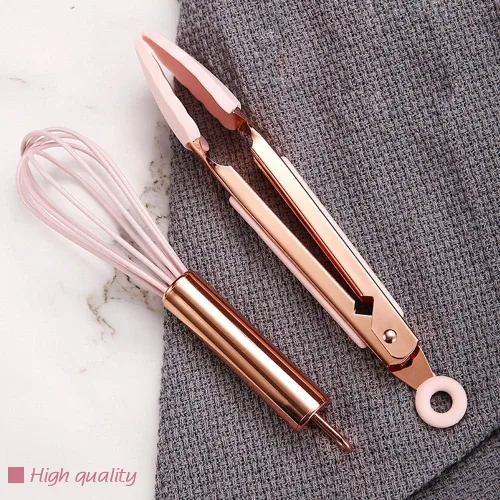 Miniatura 5 de Collfa Juego de cinco piezas de utensilios de cocina pequeños en color oro rosa y rosa, herramientas de cocina de silicona mini para niños, incluye