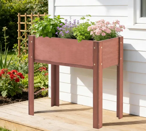 Miniatura 2 de Cama de jardín elevada con patas, 31 x 16 x 31 pulgadas, jardinera elevada de madera para exteriores, patas gruesas, con forro Marrón