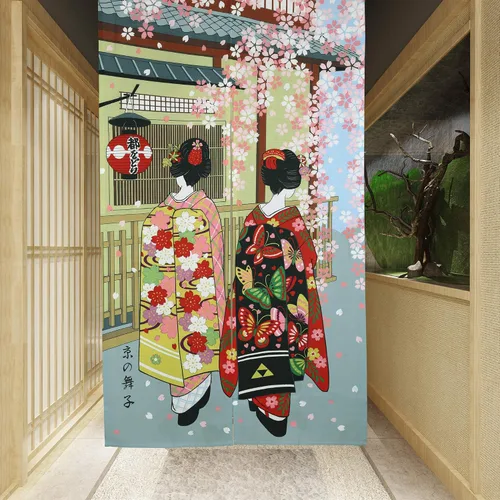 Miniatura 5 de Cortina japonesa Noren para puerta, Kyoto Geisha Girls con flor de cerezo, divisor de habitación para decoración del hogar, 33 x 59 pulgadas