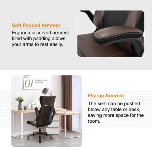 Miniatura 3 de ZLHECTO® Silla de oficina ejecutiva, silla de escritorio ergonómica de cuero, reposacabezas ajustable ampliado con brazos abatibles, silla giratoria