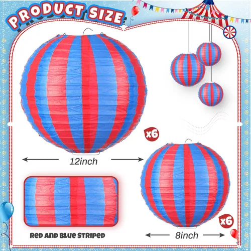 Miniatura 2 de Hortsun 12 Pcs Carnival Circus Decorations Red and Blue Striped Paper Lanterns Chinese Hanging Paper Lanterns for Carnival Circus Wedding Birthday