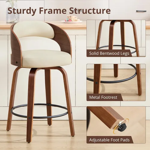 Miniatura 5 de Juego de 1 taburete de bar giratorio, 26" de cuero sintético tapizado, altura de mostrador con respaldo, silla de bar moderna de mediados de siglo