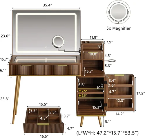 Miniatura 2 de iPormis Escritorio de tocador de maquillaje con espejo de aumento HD y 5X y luces, tocador de maquillaje de 47 pulgadas, tocador superior de vidrio