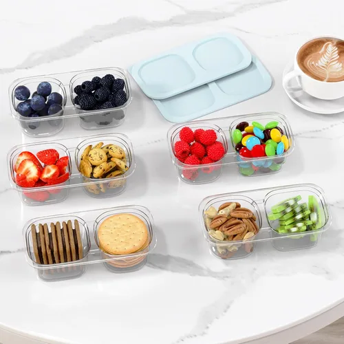 Miniatura 7 de Paquete de 10 recipientes reutilizables para aperitivos con tapas, 2 compartimentos, caja pequeña de aperitivos Bento, sin BPA, accesorios