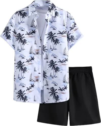 Cozyease Conjunto de camisa hawaiana y pantalón corto para hombre, conjunto casual de 2 piezas, camisa floral con botones y pantalones cortos para