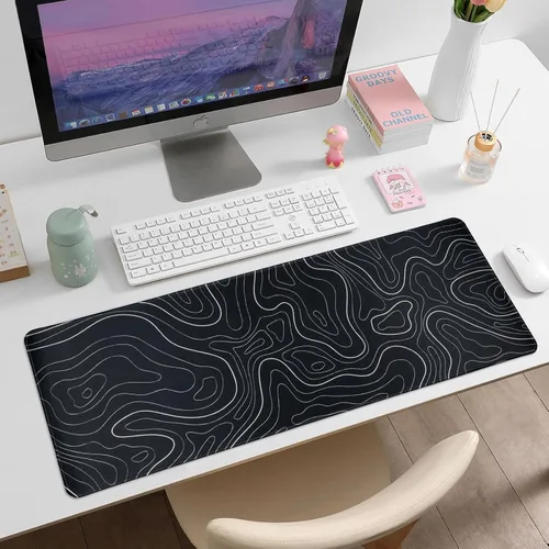 Miniatura 2 de Alfombrilla para mouse para juegos grande 31.5 x 11.8 pulgadas, alfombrilla de teclado topográfica con base antideslizante y bordes cosidos, Negro