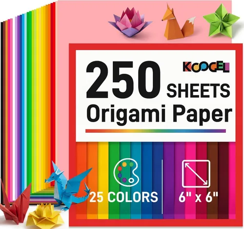 Koogel 250 hojas de papel de origami de 6 x 6 pulgadas, color de doble cara, 25 colores surtidos, para niños, plegable, manualidades, álbumes de