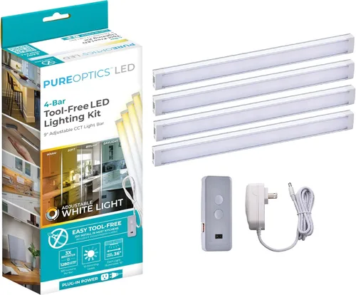 PureOptics LED Kit de luz para debajo del gabinete, sensor de movimiento, regulable, enlazable, 3 configuraciones de color, sin herramientas, para