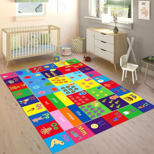 Miniatura 9 de Tapete educativo de 3 x 4 pies, tapete de aprendizaje ABC y 123 para niños pequeños con diseños de animales, alfombra antideslizante lavable