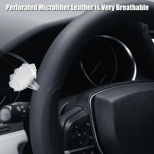 Miniatura 4 de Funda para volante en forma de D, parte inferior plana, cubierta de volante para automóvil de 14 1/2-15 pulgadas (37-39 cm), cuero de microfibra