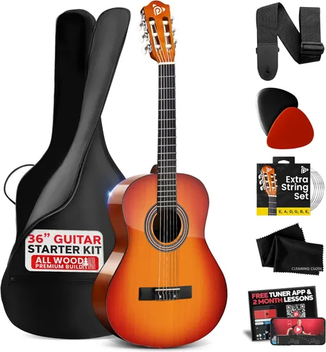 Miniatura 15 de Pyle Kit de guitarra acústica para principiantes, instrumento de madera de tamaño junior 3/4 con kit completo de accesorios, púas, correa