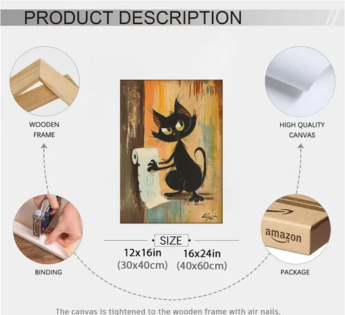 Miniatura 5 de Divertido Arte de Pared de Baño de Gato Negro en Lienzo Arte de Pared de Gato Abstracto con Imagen de Papel Higiénico Decoración de Pared Póster