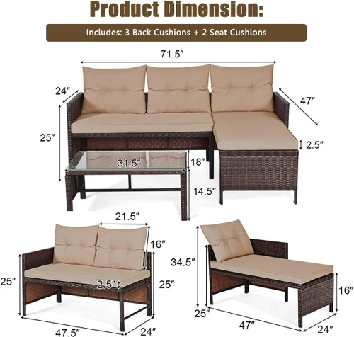 Miniatura 5 de Tangkula juego de sofá de esquina para patio de 3 piezas, juego de sofá de ratán para exteriores, incluye chaise lounge, sofá doble y mesa auxiliar