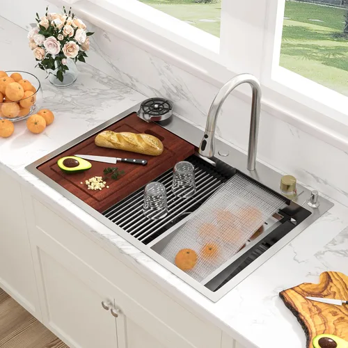 Miniatura 10 de Sarlai 15 Fregadero de Barra de 15x15 Pulgadas para Cocina, Fregadero de Barra de Acero Inoxidable de Calibre 16, Estación de Trabajo con Repisa