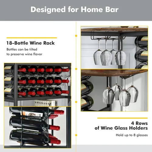 Miniatura 6 de LOKO Mesa de estante para vinos, gabinete industrial de bar de vino de 47 pulgadas con estante para vino y soportes para vidrio, gabinete