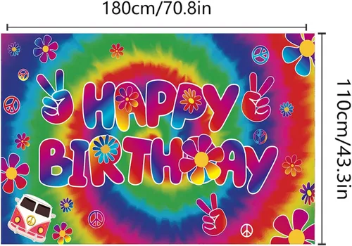 Miniatura 4 de Groovy - Telones de fondo de feliz cumpleaños con 70.8 x 43.3 pulgadas, pancarta de carnaval de los años 60, fondo retro hippie bohemio