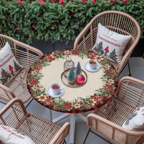 Miniatura 3 de Mantel ajustado redondo de Navidad con Poinsettia, mantel de lino retro de Navidad impermeable para mesa circular, mantel circular elástico de Rojo
