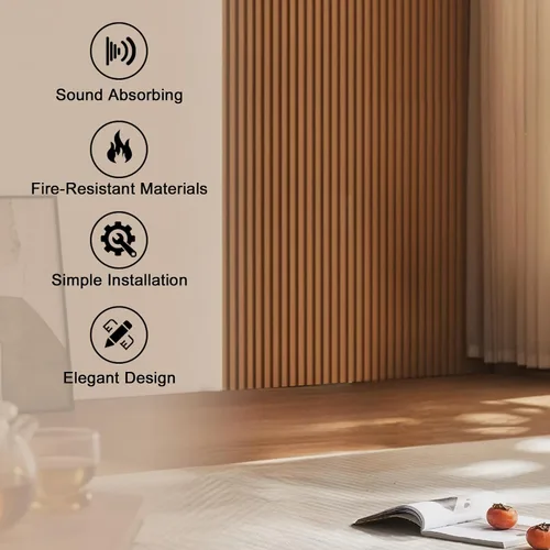 Miniatura 4 de QDYMXUN Paneles de pared acústicos de listones de madera, paquete de 4 paneles de 94.5 x 7.9 pulgadas, paneles 3D de absorción de sonido estriados