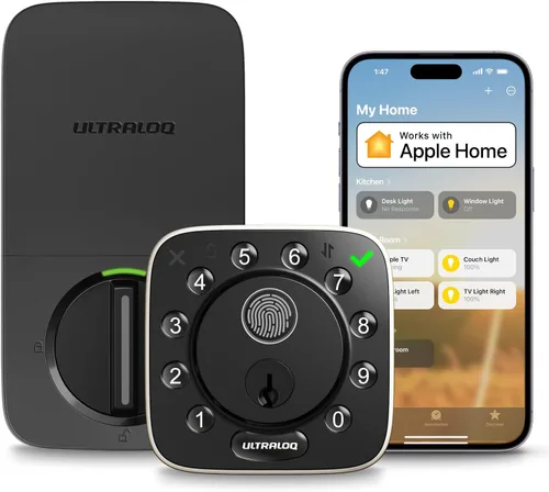 ULTRALOQ Cerradura inteligente de huellas dactilares Bolt con sensor de puerta, cerrojo WiFi integrado con huella digital, código, aplicación, Negro