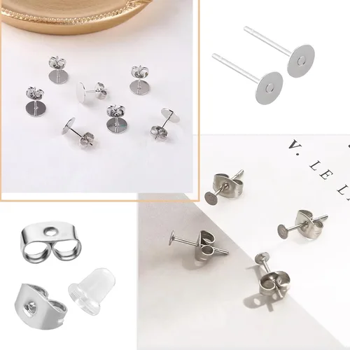 Miniatura 3 de 1200 aretes de acero inoxidable hipoalergénico de 0.197 pulgadas, almohadilla plana, aretes en blanco con parte trasera de aretes de mariposa