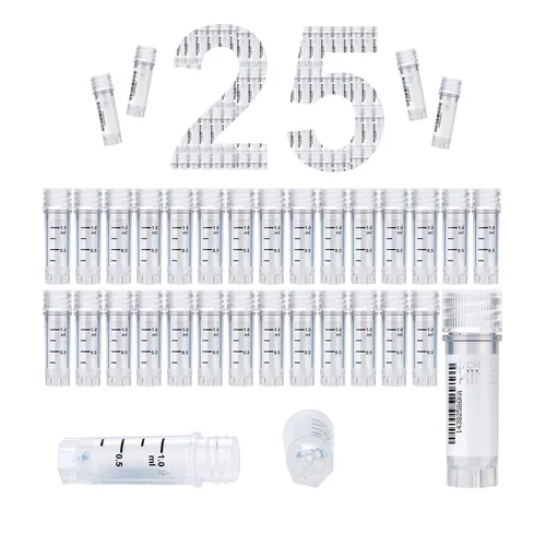 Miniatura 48 de Cryoviales de 0.0 fl oz, 25Pcs Cryotubes con código de barras lateral, frascos de esterilización con rosca externa, tubos de muestra con tapas Azul
