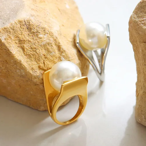 Miniatura 5 de OIDIMS Anillo de perlas exageradas de acero inoxidable chapado en forma de Y de oro blanco, estilo único, anillos grandes personalizados