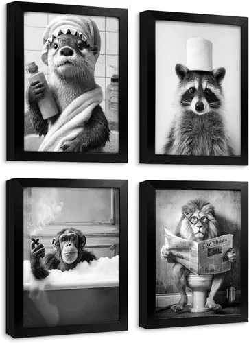 Miniatura 15 de Arte de Pared de Lienzo de Gato Negro Divertido para Baño, Lindo Estampado de Animales para Cuarto de Baño Inodoro Leyendo Periódico Humor