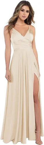Miao Duo Vestidos de dama de honor de satén con cuello en V para mujer, con abertura, tirantes delgados, vestidos formales de graduación con