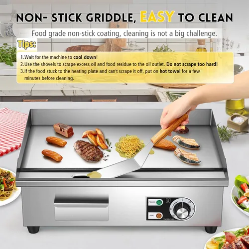 Miniatura 6 de Moogiantgo - Plancha eléctrica comercial de 22 pulgadas, 1600 W, antiadherente para encimera, acero inoxidable, caja de aceite extraíble, Plano
