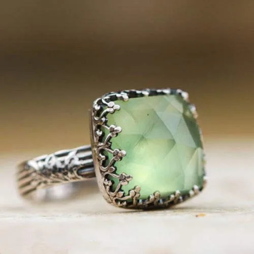 Miniatura 2 de Anillo de diamantes de princesa con piedra lunar verde vintage, gemas prehnitas, anillo de compromiso de boda, anillo de plata 925, talla 6-10