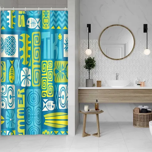 Miniatura 7 de Hawaii - Cortina de ducha exótica Tiki, 36 x 72 pulgadas, cortinas de ducha retro hawaianas étnicas de pez, piña, estilo tribal Tiki Juego