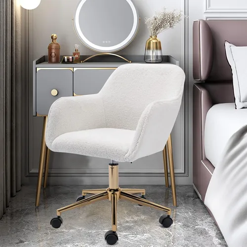 Miniatura 14 de SSLine Silla de escritorio de piel sintética, moderna y bonita silla de oficina, cómoda silla giratoria de tela de peluche mullida con ruedas
