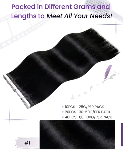 Miniatura 3 de LaaVoo - Extensiones de cabello humano Remy adhesivas con cinta invisible, cabello negro natural, extensiones de cabello para mujeres de color, 20
