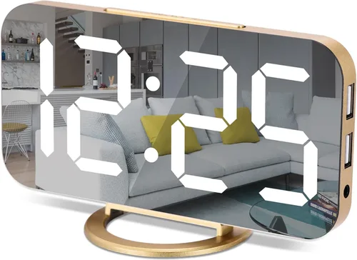 Miniatura 12 de Reloj despertador digital, relojes electrónicos con espejo LED de 7 pulgadas, con 2 puertos de carga USB, modo de suspensión, ajuste automático