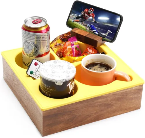 Miniatura 10 de Bandeja portavasos, silicona de grado alimenticio suave de madera de acacia para cama, asiento de automóvil, organizador de playa, impermeable, Negro