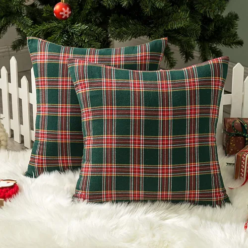 Miniatura 9 de AQOTHES Juego de 2 fundas de almohada decorativas a cuadros de Navidad para decoración rústica de casa, tartán escocés, verde, 22 x 22 pulgadas