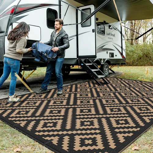 Miniatura 57 de GENIMO Alfombra de exterior impermeable de 5 x 8 pies, alfombras reversibles, alfombra de área, alfombra de plástico para exteriores, alfombra Negro