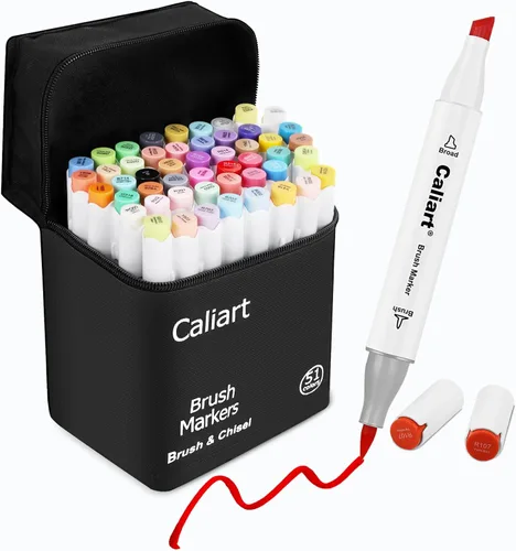 Caliart Marcadores de alcohol, 51 colores de doble punta para artistas, juego de marcadores para colorear pincel y cincel, bolígrafos de bocetos de