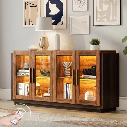 Miniatura 11 de AMERLIFE Aparador Buffet Gabinete, Gabinete de Acento de Color Mixto con Luces LED, Gabinetes de Almacenamiento Modernos con Puertas de Vidrio