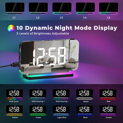 Miniatura 4 de Reloj despertador de proyección, relojes digitales LED RGB de 18.8 cm de pantalla grande, con proyector giratorio de 180°, luz nocturna, puerto