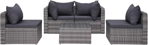 Miniatura 5 de Ensemble de Salon 5 Pièces en Simili-Rotin Gris PE Pour Jardin et Terrasse, Résistant aux Intempéries avec Coussin Amovible, Table Basse en Verre et