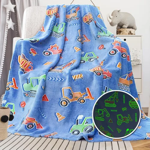 LOKOZ Manta de Construcción Manta de Camión que Brilla en la Oscuridad Manta de Forro Polar para Niños Mantas Lindas de Construcción para Niños