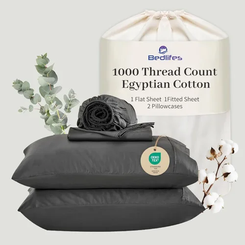Miniatura 34 de Bedlifes Sábanas de algodón egipcio de 1000 hilos, tamaño Queen, 4 piezas con bolsillo profundo de 16 pulgadas, ropa de cama ultrasuave refrescante