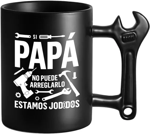 LOZACHE Taza genial para papá - Si papá no puede arreglarlo... - Regalo original del día del padre - 350 ml - Taza negra con asa en forma de llave,