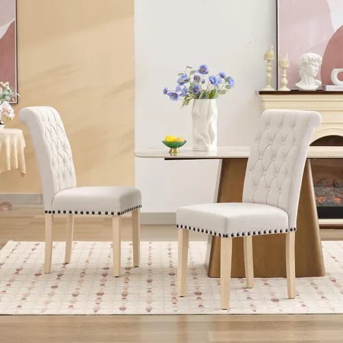 Miniatura 2 de LOULENS Juego de 2 sillas de comedor de tela, modernas sillas Parson tapizadas de lino con ribete de cabezas de clavos, botones acolchados, patas