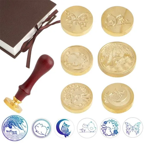 Miniatura 9 de Juego de sellos de cera, 6 piezas de sellos de cera de sellado, cabezales de cobre + 1 empuñadura de madera, kit de sello de cera de sellado