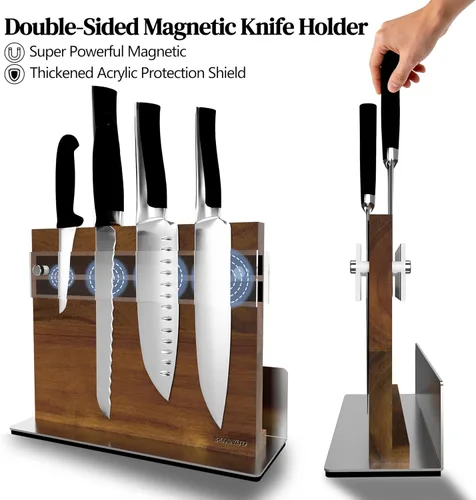 Miniatura 3 de Brosisincorp Soporte de Bloque Magnético para Cuchillos de Madera de Acacia con Escudo Acrílico Engrosado - Soporte Magnético Potente de Doble Cara