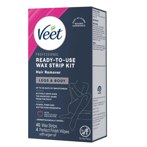 Miniatura 3 de Veet Kit de tiras de cera depiladoras dermatológicamente probadas, listas para usar, 40 unidades para piernas y cuerpo (paquete de 2)